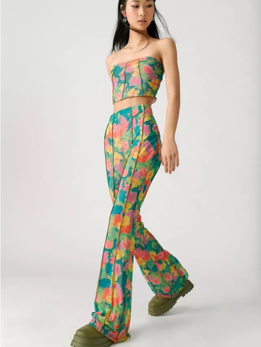 NWT Multicolor Floral Coord Set Tube Top & Boot-Cut Flare Pants Mesh Stretchy